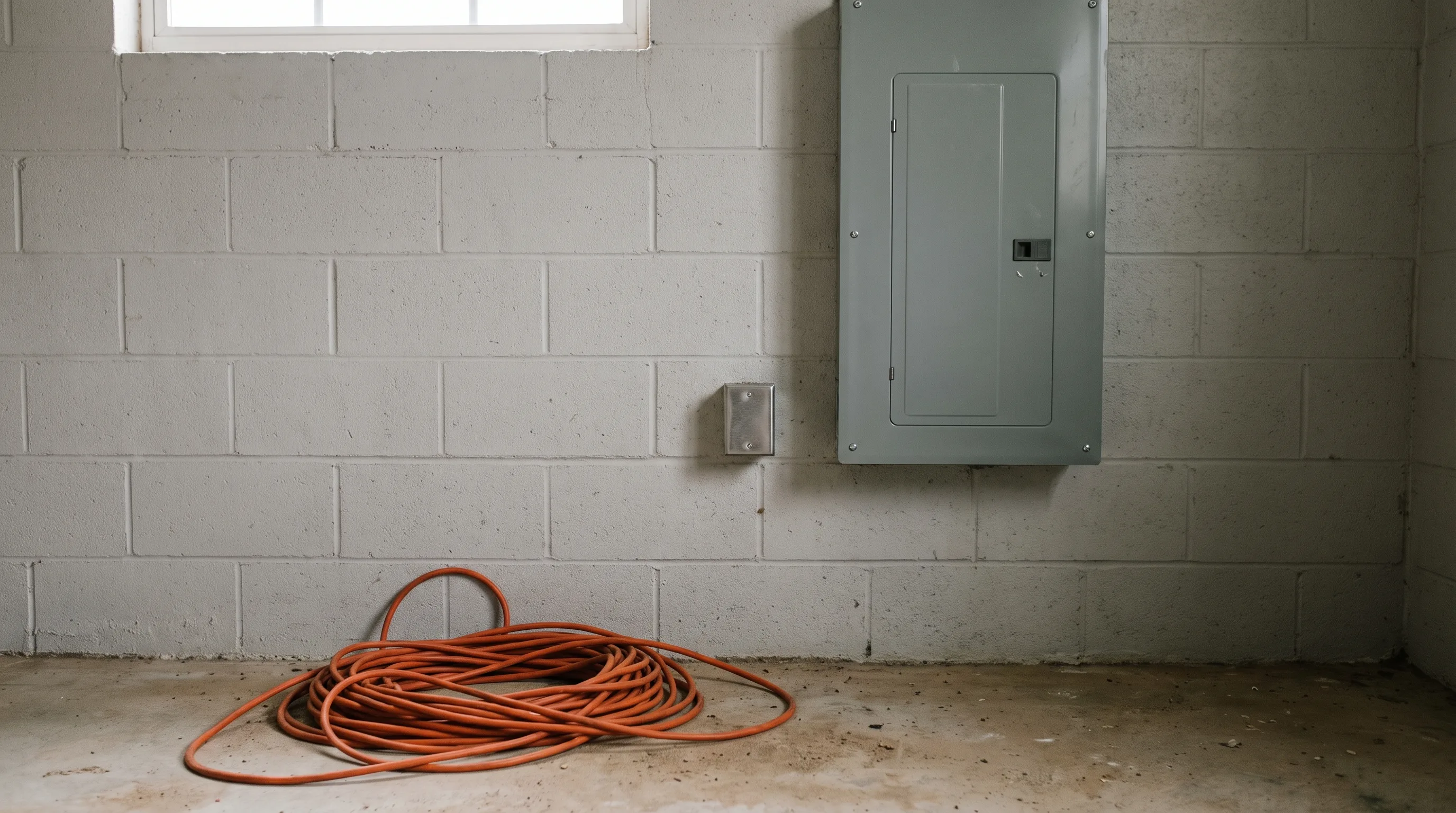 A coiled orange cord on a basement floor, not plugged into a small outlet, next to a closed gray panel.