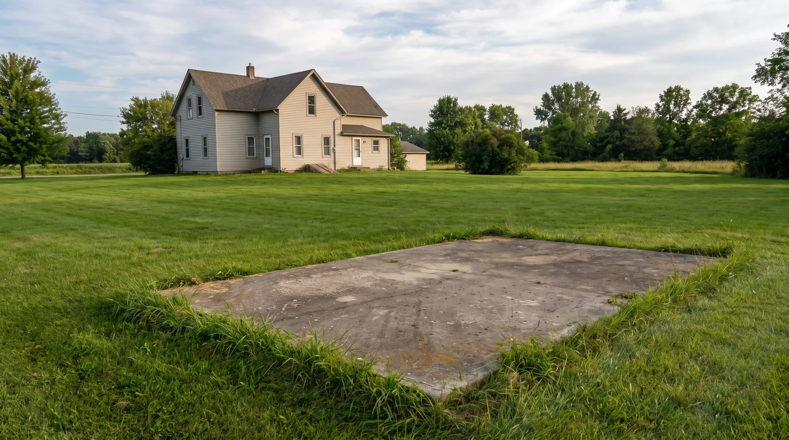 A house across an open lawn, with an empty concrete pad in the foreground.