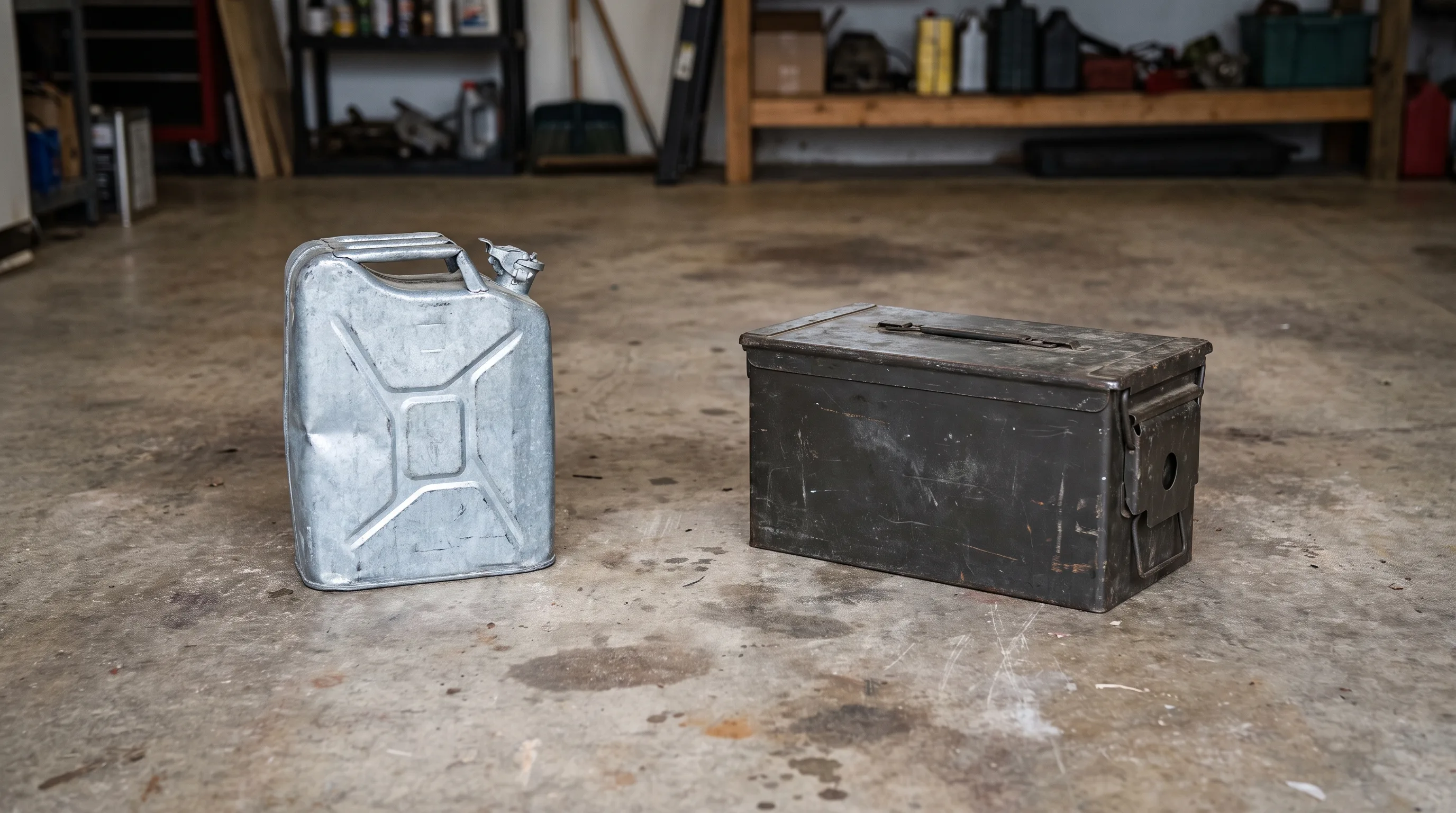 A plain metal gas can and a closed dark metal box on a garage floor. No engine is in the frame.