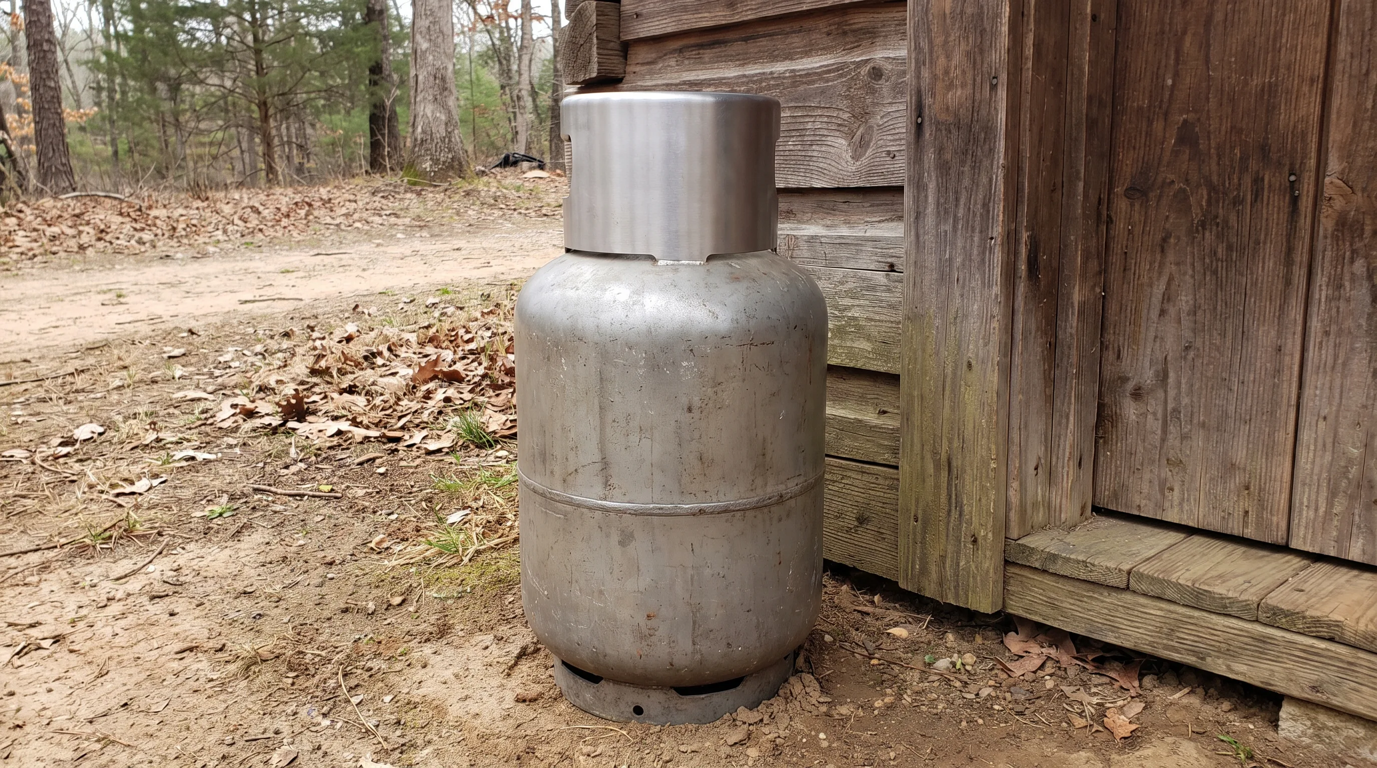 An unlabeled steel cylinder outside a wood door. No heater is in the frame, and nobody is either.