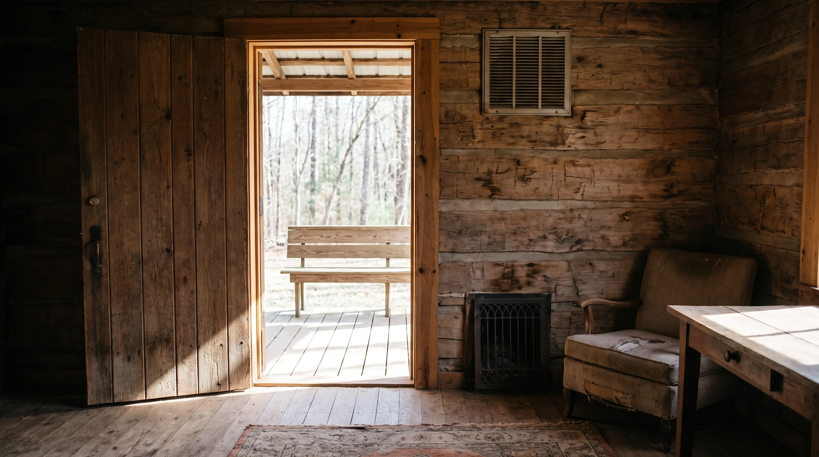 A cabin interior with a high wall vent and a low floor grate. The open door looks onto a porch that has a bench.