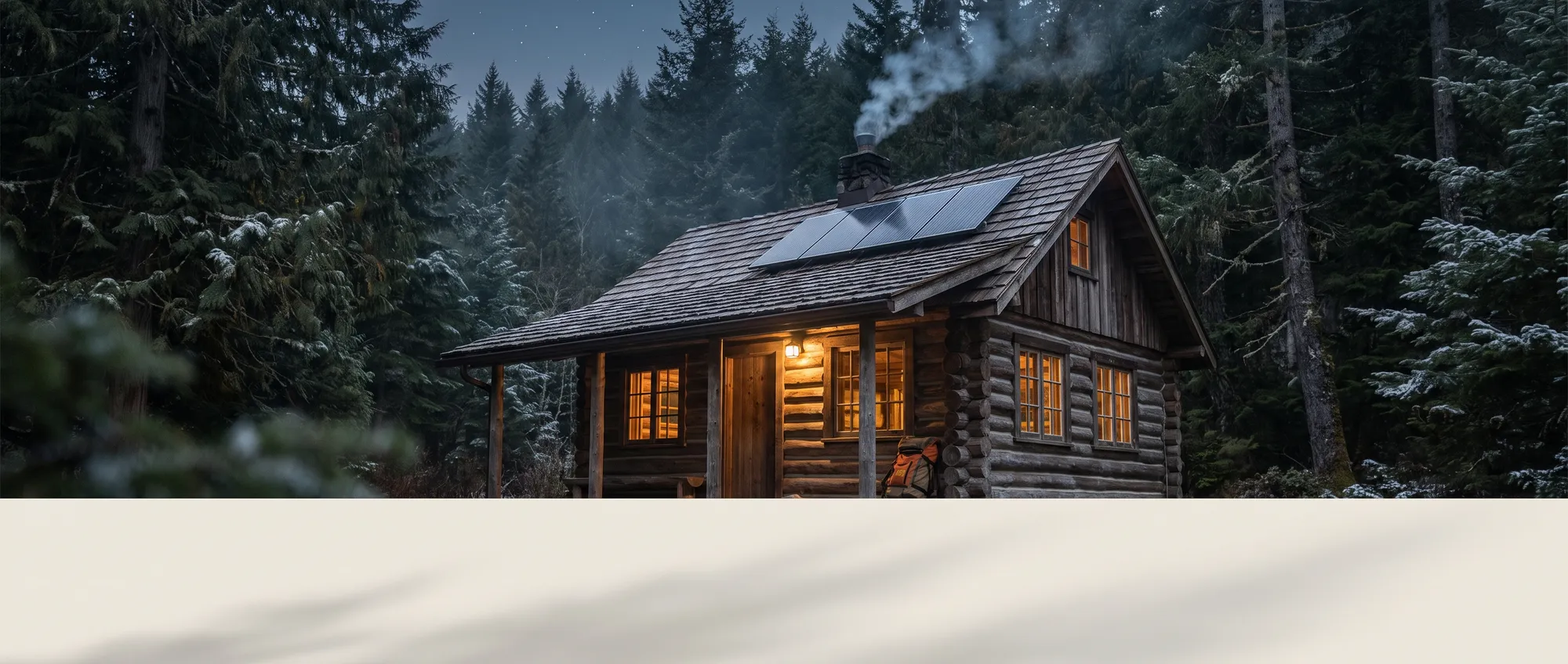 Remote log cabin in an evergreen forest at dusk with rooftop solar and glowing windows