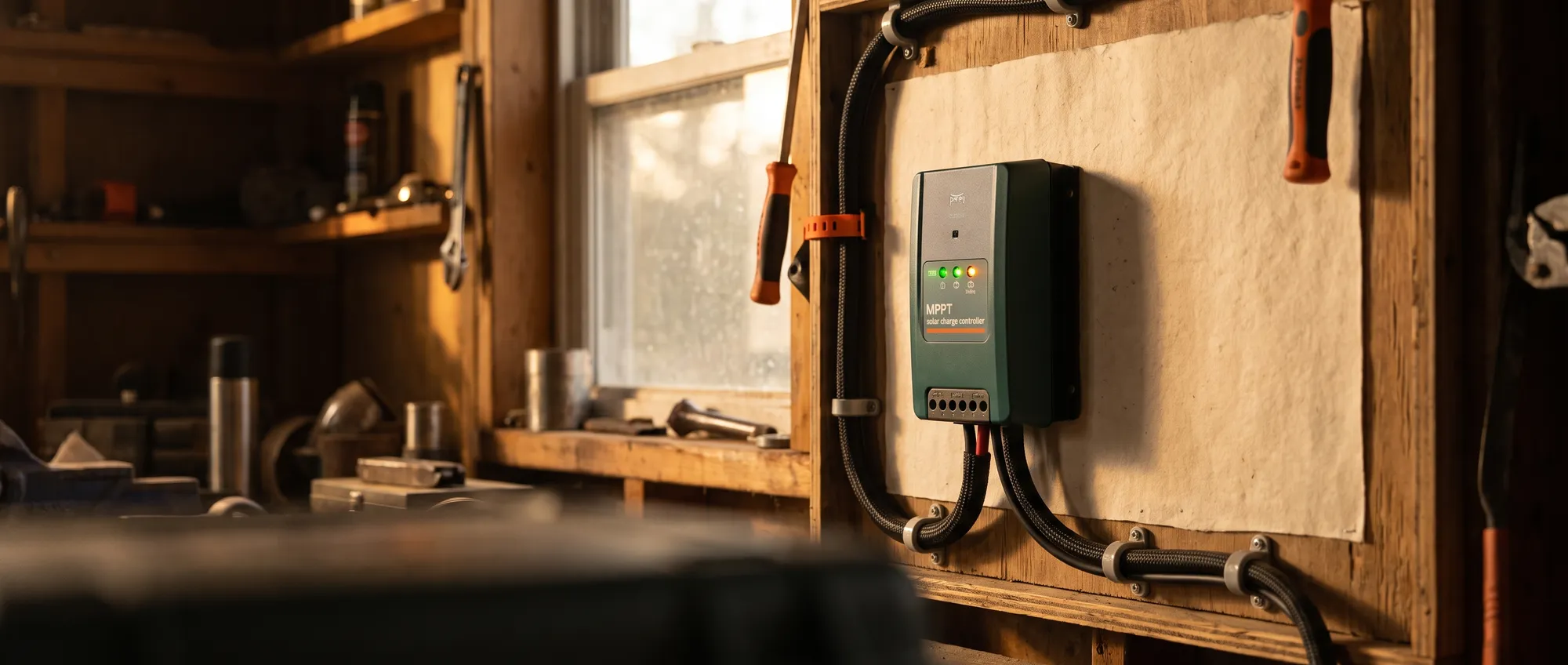 MPPT solar charge controller on an off-grid power wall with glowing indicators