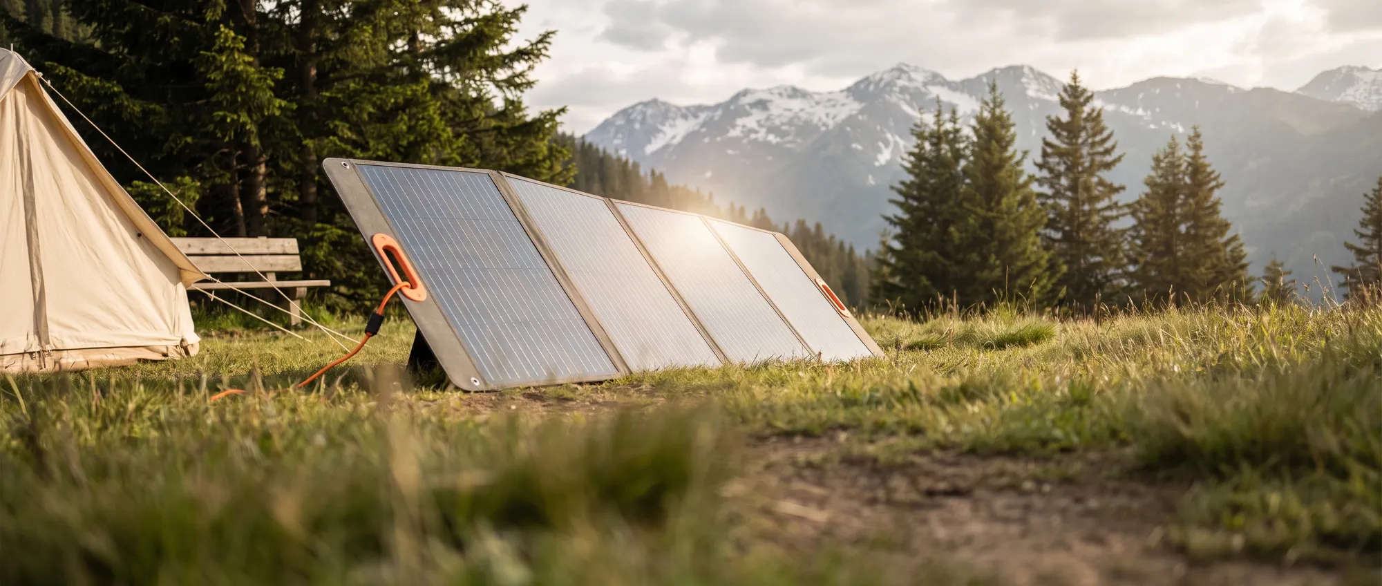 Foldable solar panels deployed in a sunlit alpine meadow